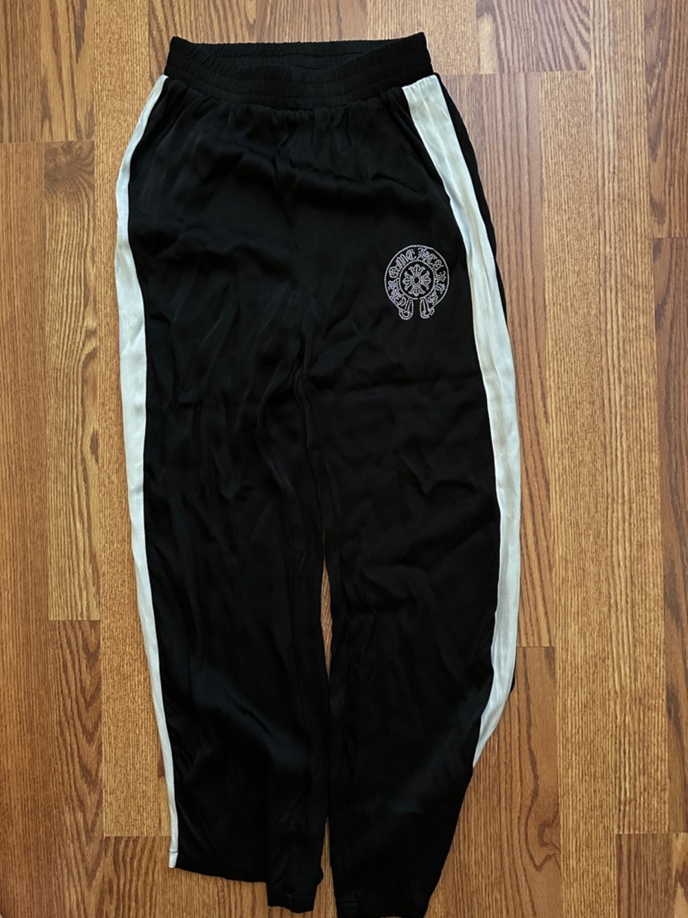Black satin Track Pants with White Side Stripes